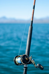 Close up of fishing rod with sea and sky background