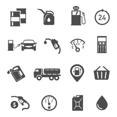 Gasoline station items, refueling equipment glyph icons set