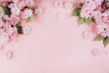 Sprigs of the sakura tree with flowers and petals on a pink background. Place for text. The concept of spring came. Top view. Flat lay © anatoliycherkas