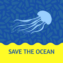 Save the ocean square vector image. The environment protection vector design for a poster, flyer print. Plastic free and zero waste theme
