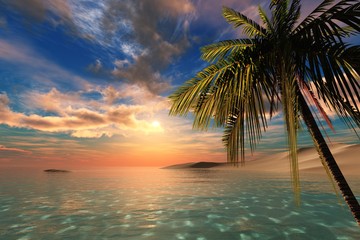 Fototapeta na wymiar Beautiful sunset on a tropical beach, 3D rendering
