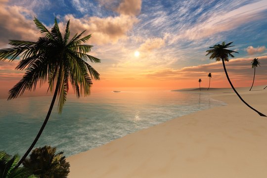 Beautiful sunset on a tropical beach, 3D rendering