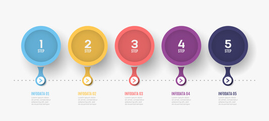 Timeline Infographic label design with circles and number options. Business concept with 5 steps. Vector template. Can be used for workflow diagram, info chart, graph, web design.