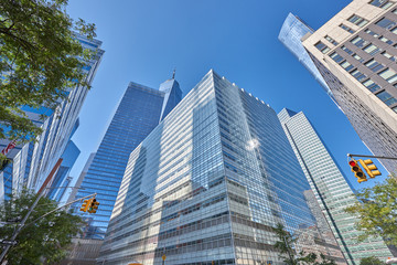 Wide shot of the cluster of high and modern buildings in New York