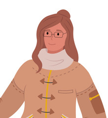 Woman in winter jacket and knitted scarf, wearing glasses. Isolated personage in cold season. Modern outfit for frosty weather. Lady outdoors in wintertime, vector in flat style illustration