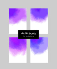 Collection of watercolor templates for purple wedding. A4/A5 layouts for invitations, cards, posters. Vector illustration