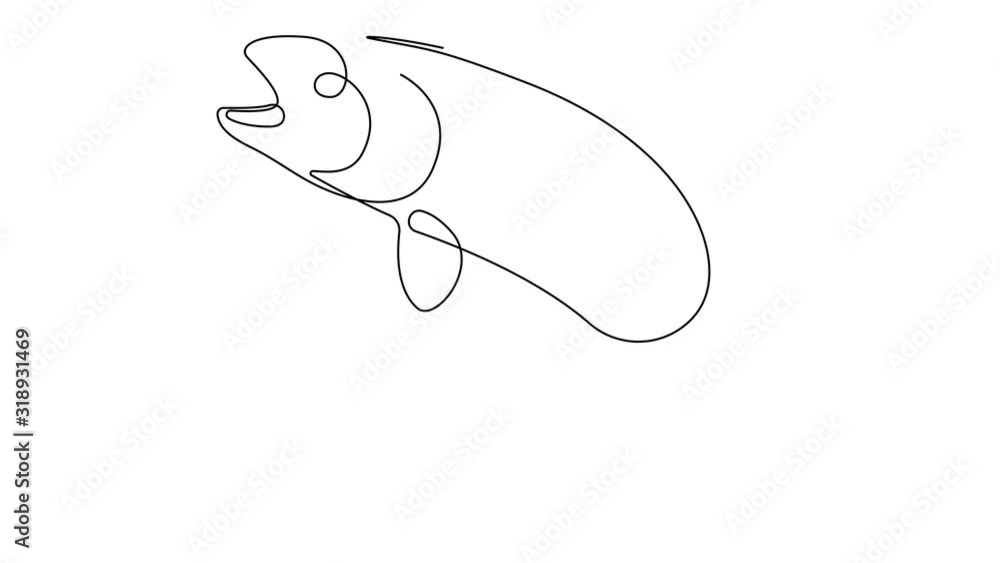 Poster self drawing simple animation of single continuous one line drawing of trout fish. drawing by hand, 