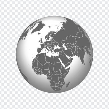 Globe of Earth with borders of all countries. 3d icon Globe in gray on transparent background. High quality world map in gray.  Europe, North Africa. Vector illustration. EPS10. 