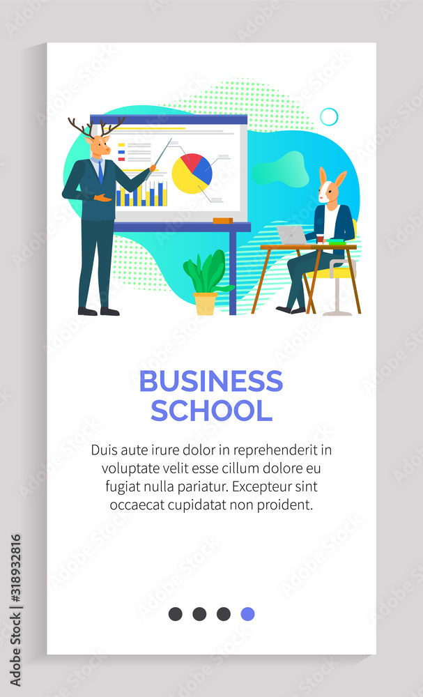 Aufkleber business school, hipster animals learning info on courses, presentation with charts and information 