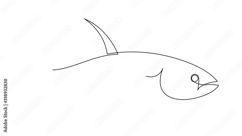 Poster self drawing simple animation of single continuous one line drawing of tuna fish. drawing by hand, b