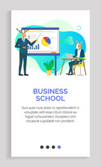 Business school, hipster animals learning info on courses, presentation with charts and information on board, visualization and statistics. Website or app slider template, landing page flat style