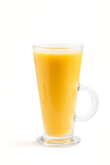 Glass of orange juice isolated on white background. Morninig, spring, healthy drink concept. Side view.