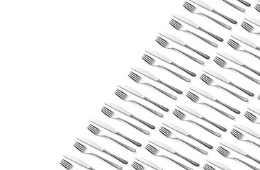 Knife and fork flat lay pattern on white background. Copy free space. Many metallic forks, and knives top view concept. Background for menu. Restaurant backdrop. Creative top view pattern.