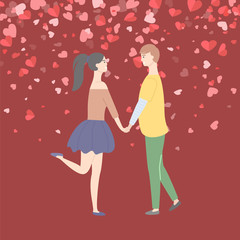 Cartoon students in love, male and female on background of red hearts. Vector dating people in love going to kiss, Valentines day concept illustration