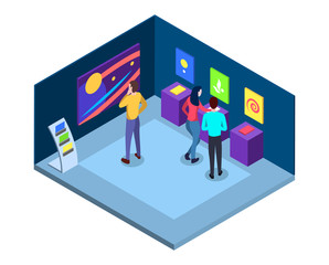 Art gallery isometric vector illustration. Museum interior with masterpieces, wall abstract pictures, contemporary exhibits. Visitors at artistic exhibition flat characters. Art 3d exposition