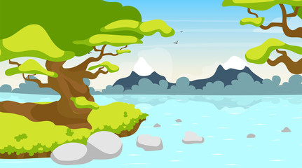 Forest river flat vector illustration. Lake in woods. Tropical water body. Panoramic scene with trees on shore. Riverside, riverbrook. Exotic amazon stream. Watercourse cartoon background