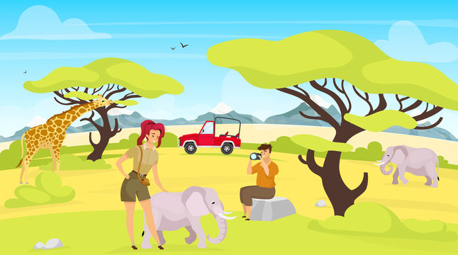African expedition flat vector illustration. Giraffes and elephants in savannah. Woman and man photographing south creatures. Green safari landscape. Animals and people cartoon characters