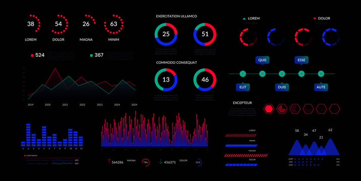 Technology Financial UI Graph Charts. Vector Marketing Business Analytics, Histogram Infographic Grid Economy Data. Futuristic HUD Crypto Currency Prices Bar Analysis Diagram Set