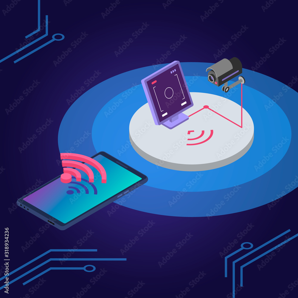 Poster security system isometric color vector illustration. surveillance camera remote control, monitoring 