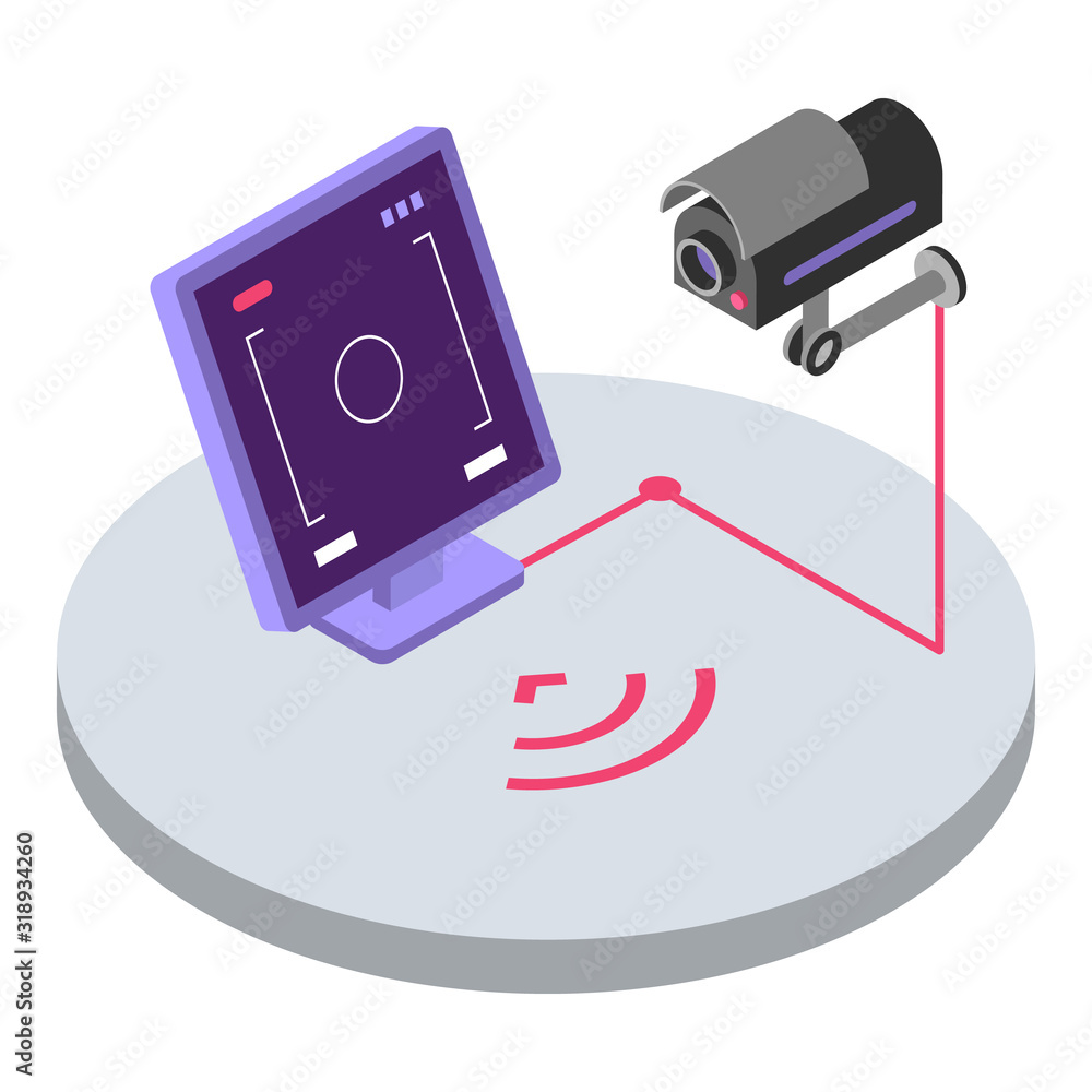 Poster security system isometric color vector illustration. surveillance camera remote control and monitori