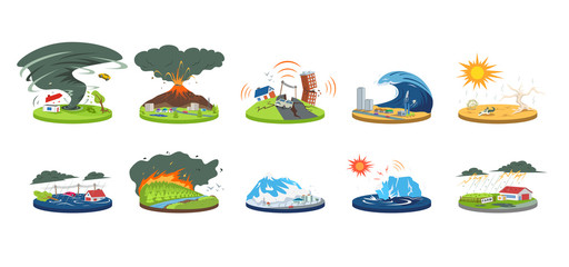 Natural disasters cartoon vector illustration set. Extreme weather conditions. Catastrophe, cataclysm. Flood, avalanche, hurricane. Earthquake, tsunami. Flat color calamities isolated on white