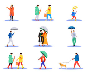 Fototapeta na wymiar People with umbrellas flat color vector faceless characters set. Walking caucasian humans. Rainy day. Men and women in raincoats isolated cartoon illustrations on white background