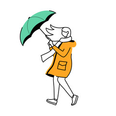 Woman in raincoat flat contour vector illustration. Windy weather. Female with umbrella isolated cartoon outline character on white background. Walking lady in scarf simple drawing