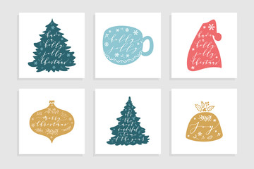 Christmas and Happy New Year wishes for labels, emblems, logo, text, greeting cards set. Vector winter holidays backgrounds with hand lettering calligraphy. White smear, golden geometric frame