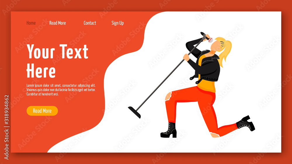 Poster singer landing page vector template. lead vocalist website interface idea with flat illustrations. f