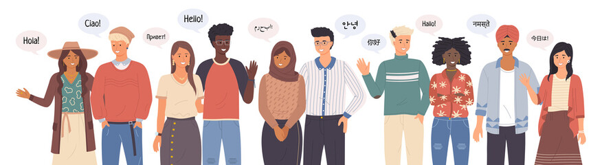 Group of people talking different languages saying hi. Greeting people waving hands and gesturing. Diverse nations representatives waving hand. Foreign phrases from native speakers say hello ethnicity © robu_s