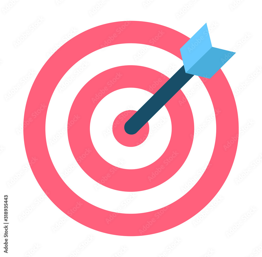 Poster black arrow in center of aim, bullseye. dart board with red circles isolated on white background. da