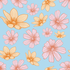 Seamless Floral Pattern. Pink, orange and light blue flowers background for textile,scrapbooking, wallpapers, print, gift wrap, decoupage, covers. Raster copy.