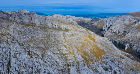 Landscape in Mirones, Aerial view of the Miera River Valley, Landscape in winter, Valleys Pasiegos, Cantabria, Spain, Europe