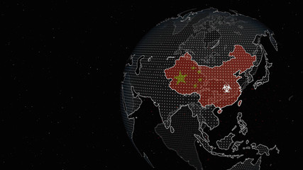 Coronavirus epidemic in China concept, digital earth with Chinese map and flag, biohazard sign