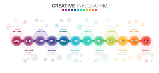Timeline business for 12 months, 1 year, Timeline infographics design vector and Presentation business can be used for Business concept with 12 options, steps or processes. 