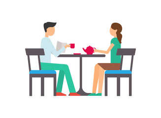 Couple man and woman sitting at table and drinking tea. Vector male and female having breakfast isolated on white, people in cafe with coffee in red mug and teapot