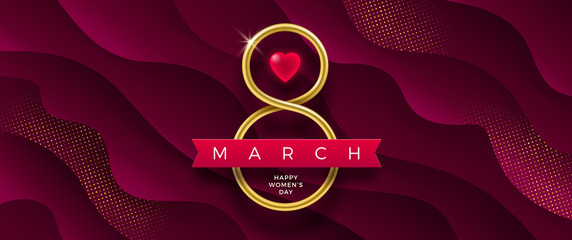 8 March International women's day vector illustration - Golden number eight, ruby heart and ribbon on a burgundy color wavy layered background. Design for greeting card, invitation, flyer and etc.