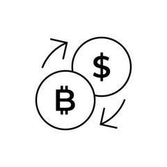 Conversion, currency exchange - with symbols of dollar and bitcoin - line icon