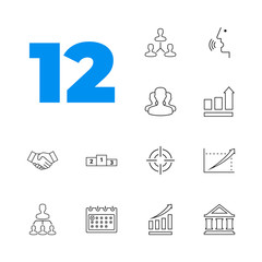 Set of 12 linear icons - business, team, planning, promotion.