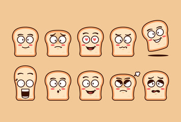 Funyn flat plain bread cartoon character mascot emoji emotion expression set