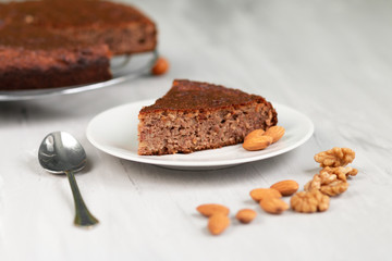  Homemade healthy pie made from nuts and date fruit, without flour. Organic food, empty space for text