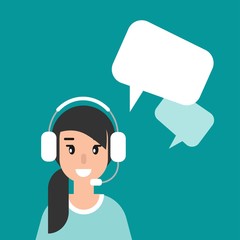 Female operator with headphones, microphone and speech bubble on blue background.