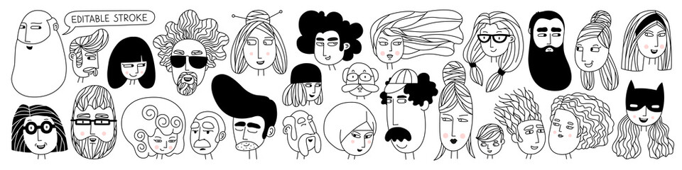Fototapeta Hand drawn doodle set of people faces. Perfect for social media, avatars. Portraits of various men and women. Trendy black and white icons collection. Vector illustration. All elements are isolated obraz