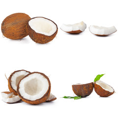 Fototapeta na wymiar Collage of broken coconut pieces isolated on white background