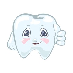Smiling strong healthy tooth showing thumb up, like gesture. Vector cartoon illustration isolated on white background for advertisement of dentifrices toothpaste, powder, gel, toothbrush, floss.