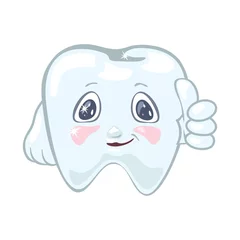 Fotobehang Smiling strong healthy tooth showing thumb up, like gesture. Vector cartoon illustration isolated on white background for advertisement of dentifrices toothpaste, powder, gel, toothbrush, floss. © Yuliia Pavla