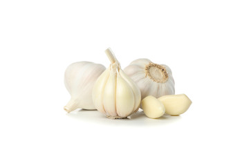 Fresh garlic bulbs and slices isolated on white background