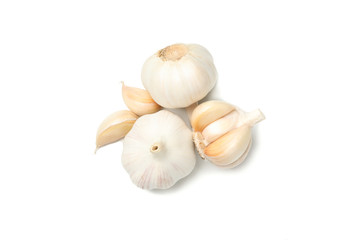 Fresh garlic bulbs and slices isolated on white background, top view