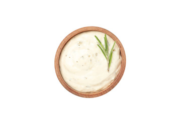 Bowl with sauce and rosemary isolated on white background, top view