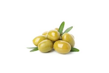 Tasty green olives and leaves isolated on white background, close up